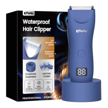 Imagem de ENSSU Aparador de pelos corporais masculino – Aparador Meridiano à prova d'água com luz LED, motor rápido de 6000 RPM, 5 configurações de comprimento, IPX7 para púbico, peito e bolas (Azul)