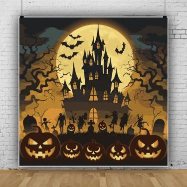 Imagem de Pano de fundo Happy Halloween 3,7 x 3,6 m, lua cheia, floresta assombrada, castelo assustador, cenário de Halloween para sessão de fotos, para crianças, adultos, decorações de festa de aniversário