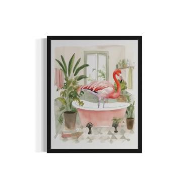 Imagem de Impressão de pôster de arte de parede flamingo, imagens de banheira de animais, pintura de parede de banheiro para galeria de decoração de banheiro 49 (flamingo, 28 x 35 cm, moldura preta)