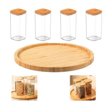 Imagem de Kit Porta Temperos Giratório Bambu 4 Potes Herméticos 340Ml