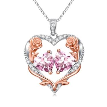 Imagem de Zoeniya Colar de coração rosa para mulheres banhado a ouro branco 18 k 12 meses com pedra do mês de nascimento, presente de aniversário e Natal para sua esposa, namorada, 25mm, base, Zircônia cúbica