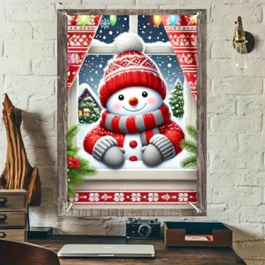 Imagem de BlissYard Capa de janela de Natal 79 x 128 cm boneco de neve fofo chapéu de malha vermelho cinza luvas faixa de janela de férias interior exterior decoração de inverno fundo de festa poliéster