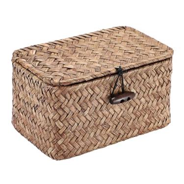 Imagem de Hipiwe Cesto de alga marinha com suporte para chave, organizador de mesa com tampa, cesto de armazenamento de vime tecido à mão para laços de cabelo, 15 cm C x 10 cm L x 8 cm A