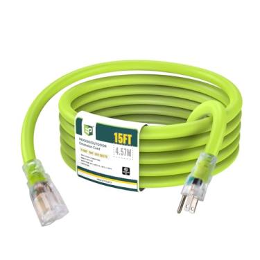 Imagem de EP Cabo de extensão externo iluminado 10/3 SJTW, cabo de extensão verde robusto com plugue de aterramento de 3 pinos para segurança extra, certificado UL