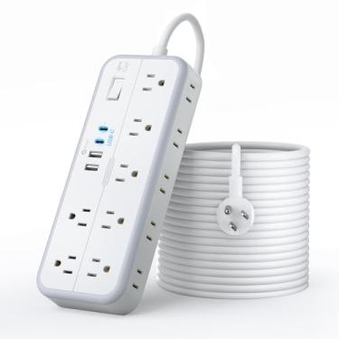 Imagem de NTONPOWER - Cabo de extensão de 7,6 m, protetor contra sobretensão com 10 tomadas, 4 portas USB (2 USB C), plugue plano, várias tomadas, montado, extensor de tomada