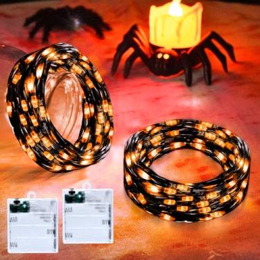 Imagem de cshare Luzes de fadas laranja operadas com temporizador à prova d'água, cordão de luzes de Halloween para fora de 5 m, 50 LED, decoração interna e externa, guirlanda, festa, pátio, jardim, quintal