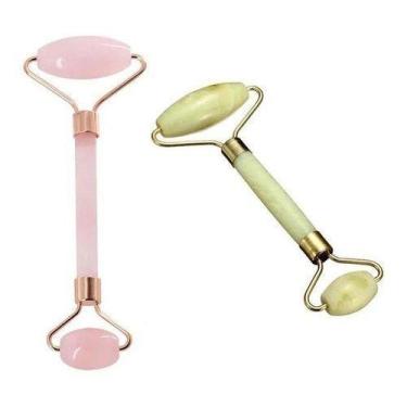 Imagem de KIT 2 Rolos Massageador Facial Pedra Quartzo Rosa + Pedra Jade - MKL