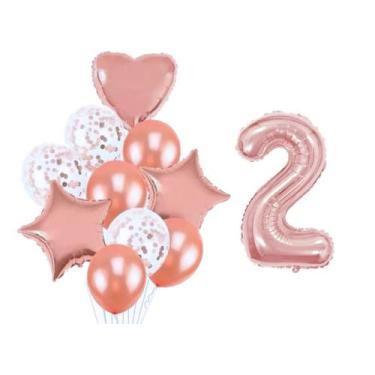 Imagem de Buque 10 Balões  Coração Estrela e 1 Número Metalizado Rose Gold 70cm 