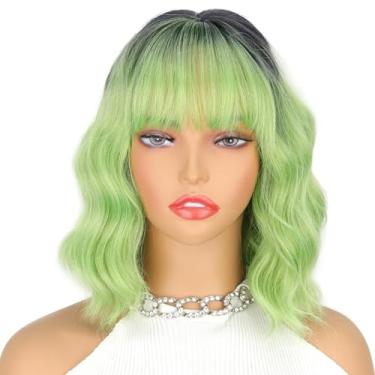Imagem de LINGHANG Peruca verde ombré com franja curta ondulada matcha verde para mulheres, cosplay, fantasia, festa, peruca de Halloween