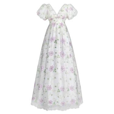 Imagem de LTAKK Regency Dress Vestido feminino Regency fantasia cintura império chá festa decote em V vestido vitoriano com faixa, Lilás, XXG