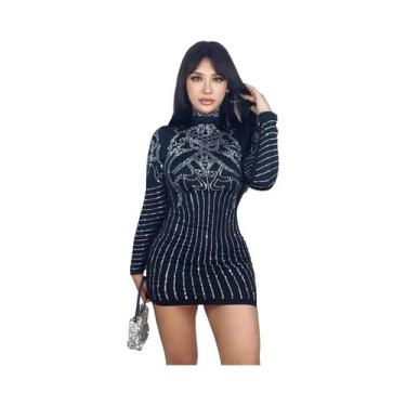 Imagem de Vestido curto feminino cor sólida diamante quente boate festa manga co