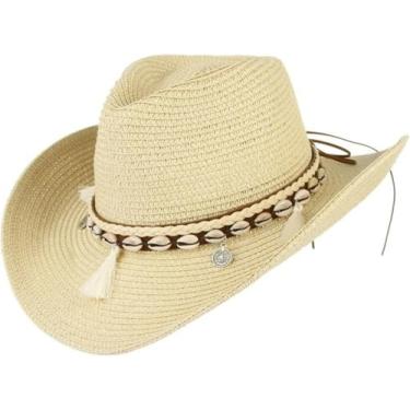 Imagem de Shell Tassels Cowgirl Verão Chapéu Chapéu De Palha Para Mulheres Homens Ocidental Cowboy Chapéu Senhora Na Moda Tecido Sol Chapéu Praia Cap, beige, One Size