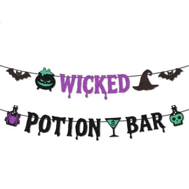 Imagem de Wicked Potion Bar Banner, Guirlanda Festa Halloween Glitter Pré-Enrolada Caldeirão Roxo Verde Preto Caveira Morcego Aranha Chapéu Bruxa Decorações para Halloween Assustador Festa Coquetel