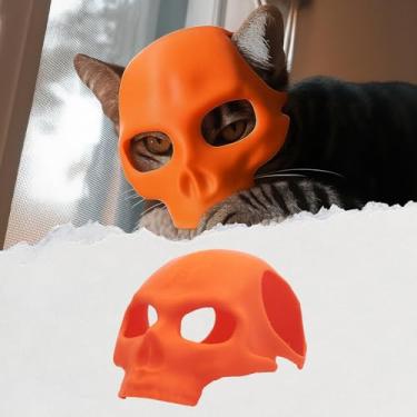 Imagem de Yipintang Máscara de aranha de gato, fantasia de Halloween, acessórios para gatos, roupa de cosplay de gato aranha (médio) (caveira laranja)