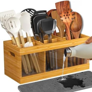 Imagem de AVARO Suporte de utensílios de cozinha de bambu e organizador de talheres – Suporte grande de colher de cozinha de bancada com 6 compartimentos com pedra de secagem absorvente e painel de acrílico