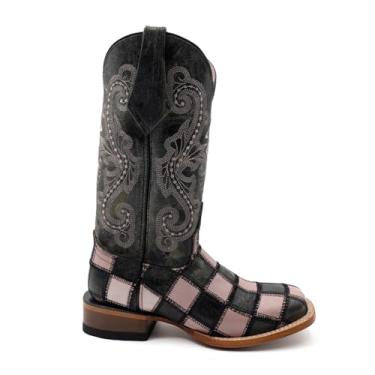 Imagem de Ferrini Botas femininas casuais de patchwork bico quadrado sem cadarço cano médio salto baixo 2,5-5 cm - preto, rosa, Preto, rosa, 36