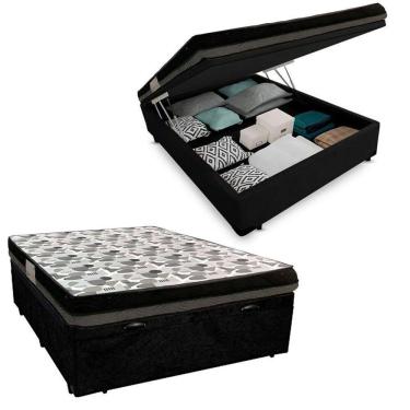 Imagem de Cama Baú Casal Suede + Colchão Casal Ortobom Iso Dupla Face 60x138x188 preto