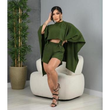 Imagem de Conjunto Feminino Três Peças Kimono Estilo Capa Shorts E Cropped - Sim
