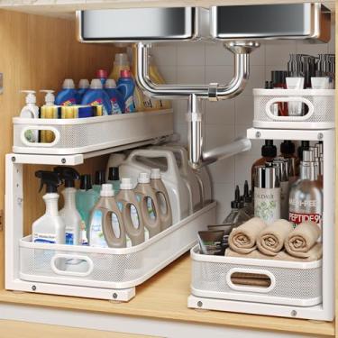 Imagem de Biboraya Pacote com 2 organizadores sob a pia de 53 cm de profundidade com trilho cilíndrico liso, armazenamento multiuso de 2 camadas para banheiro e cozinha, altura ajustável, revestimento