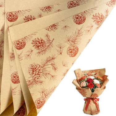 Imagem de LeZakaa 20 folhas de papel de embrulho de flores de Natal Kraft, pinha vermelha e ramos em papel kraft floral para embalagem de festa de Natal, decoração de férias com tema de floresta de inverno