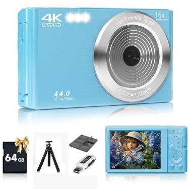 Imagem de Câmera digital, FHD 1080p infantil, câmeras digitais de 44 MP com cartão SD de 64 GB, zoom 16x, baterias, cordão, compacto para crianças, meninos, meninas (kit de câmera, azul)
