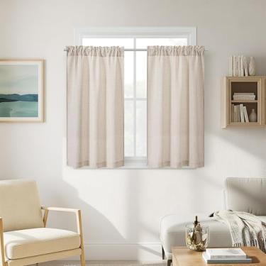 Imagem de DUKIYO Cortinas curtas de linho de 101 cm para quarto, sala de estar, janela pequena, cortina de porta frontal bege claro café bege bolso para varão 2 painéis cortinas rústicas semitransparentes para