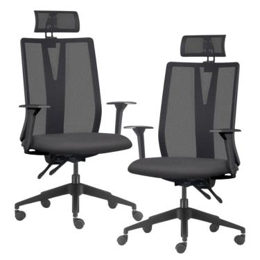 Imagem de Kit 2 Cadeiras Escritório Giratória Presidente Flow F02 Base Preta Linho Grafite - Lyam Decor