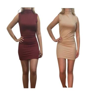 Imagem de KIT C/2 Vestidos Gola Alta Canelado - Emporio J, Vinho, Areia, Unico