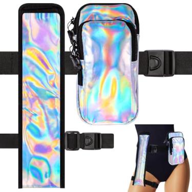 Imagem de Locmeo Rave Fan Bag com bolso para celular, capa para ventilador com faixa de perna de braço, zíperes com fivela e bolso com zíper oculto para música raves e festa de circuito (prata laser)