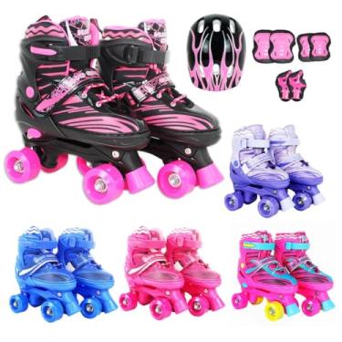 Imagem de Patins Infantil Roller 4 Rodas Ajustável + Proteção (Verde com rosa, S - 29 ao 32)