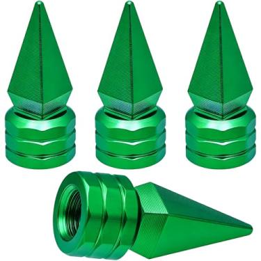 Imagem de MEAJOO 4 peças tampas de haste de válvula de pneu em forma de ponta, haste de válvula de pneu de roda de ponta de liga de alumínio, tampas de ar à prova de poeira universal à prova d'água para carros, SUV, caminhões, bicicletas, motocicletas, bicicletas (verde)