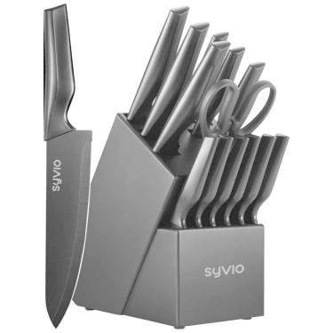 Imagem de Conjunto de Facas em Aço Inoxidável com Bloco de Bancada e Afiador Embutido, 14 Peças, Syvio, Preto