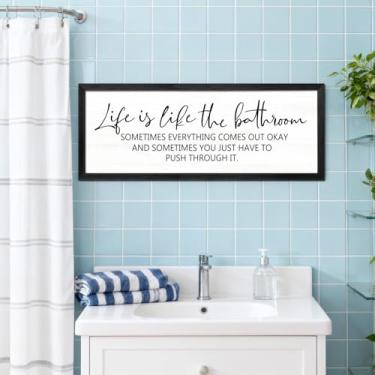 Imagem de Life is Like the Bathroom Placa de madeira emoldurada para parede, 81 cm × 30 cm, placa de madeira motivacional horizontal rústica acima da banheira, frase inspiradora longa para casa de banho