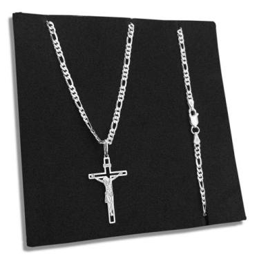 Imagem de Corrente 3x1 3mm com Pingente Crucifixo Jesus Cristo Prata 925 Legítim