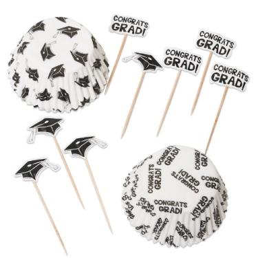 Imagem de Fun Express Assorted Graduation Baking Cups with Cupcake Toppers - 3.5", (Set of 100) - Perfect for Memorable Graduation Parties, and Easy to Use