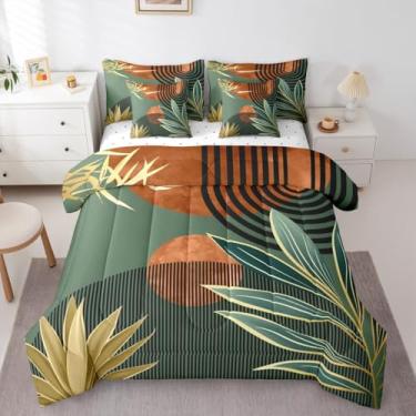 Imagem de Erosebridal Conjunto de edredom Queen Size vintage boêmio de meados do século, 7 peças, cama minimalista moderna em uma bolsa, arte geométrica abstrata, colcha com lençol de cima, verde laranja