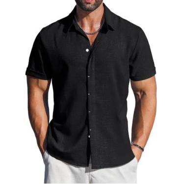Imagem de Camisa casual LETSEE, manga curta, abotoada, preta, linho, masculina