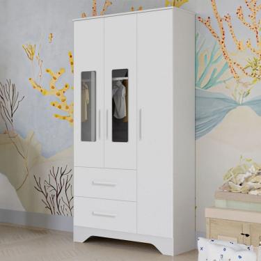 Imagem de Guarda-Roupa de Bebê Popy Retrô 3 Portas 2 Gavetas 100% Mdf 3 Prateleiras Branco Brilho - Móveis Peroba