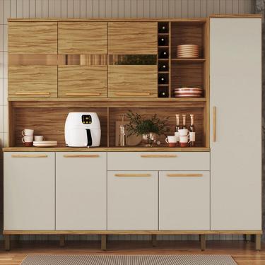 Imagem de Cozinha Compacta Touriga 8 Portas 1 Gaveta 100% Mdf com Vidro Amêndoa/Off White - Rio Doce
