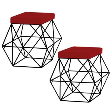 Imagem de Kit 2 Puffs Decorativo Sala de Estar Base Preto Trixie Veludo Vermelho - Gran Belo