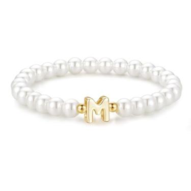 Imagem de M MOOHAM Pulseira feminina com inicial de pérola – Pulseiras delicadas com contas para mulheres, berloque moderno, letra A-Z, joias de pérolas personalizadas, presentes, 6", Latão, Sem Pedra Preciosa