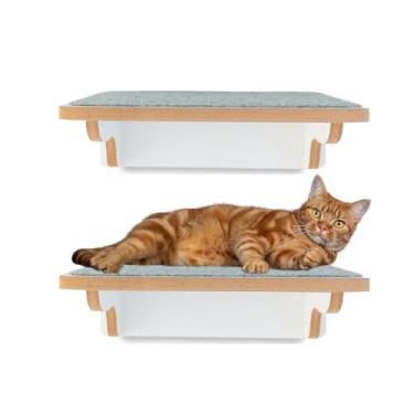 Imagem de BT WOOD Playground Para Gatos, MDF 15mm Laminado, 2 Prateleiras G, Carpete Antiderrapante, Suporta 25kg, Pré-montado, Design Moderno, 35x26x11cm, Kit Instalação Incluso (Branco)
