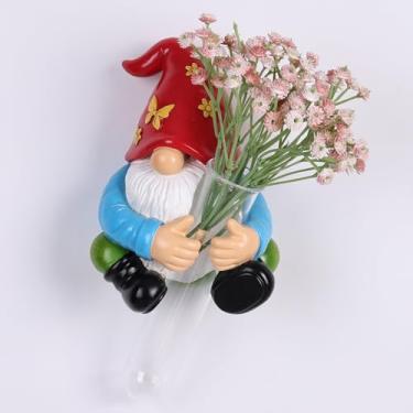 Imagem de LINYTHER Vaso de parede de gnomo – Linda estátua de gnomo de jardim segurando vaso de tubo de vidro, vaso de flores de gnomo de resina para decoração de parede de casa, (azul)