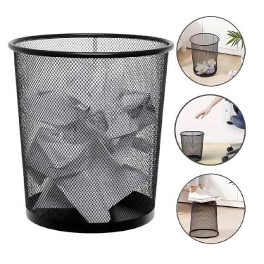 Imagem de Lixeira Escritorio Cesto Redondo Metal Aramado Grande 12 Litros Telado Casa Quarto Multiuso Preto