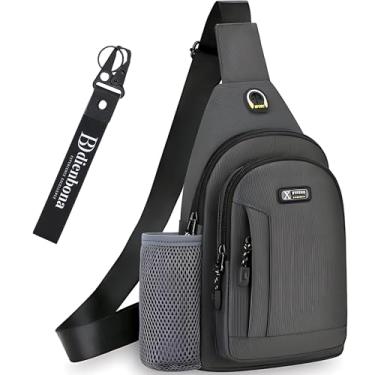 Imagem de Bolsa tiracolo resistente à água com suporte de garrafa e orifício para cabo de fone de ouvido, bolsa transversal no peito e alça de chaveiro, Cinza, Regular