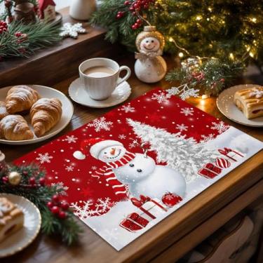 Imagem de Conjunto de 6 jogos americanos de boneco de neve, inverno, vermelho, sala de jantar, tolerante ao calor, tapetes laváveis de linho, pano dobrável para cozinha, mesa, festa, decoração de casa, 33 x 48