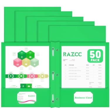 Imagem de Duas pastas de bolso, RAZCC pacote com 50, duas pastas de bolso com pinos, pastas de 3 pinos para papel tamanho carta, pastas de arquivo de bolso para escola, escritório, casa, negócios, verde
