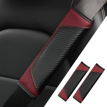 Imagem de Capa de cinto de segurança de carro 2 peças, capas de alça de ombro de cinto de segurança de fibra de carbono, almofada macia de couro respirável protege seu pescoço e ombro (2, preto/vinho vermelho)