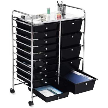 Imagem de RIVALLYCOOL Carrinho de armazenamento com rodinhas com 15 gavetas, organizador de papel para livros móveis, carrinho com rodas, ideal para escola, escritório, casa (preto)