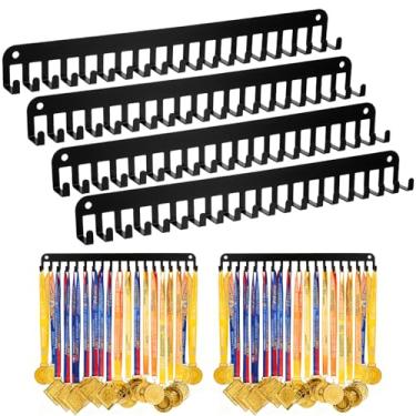 Imagem de PercyEffie Pacote com 4 cabides de exibição de medalha de metal com 20 ganchos suporte de medalha esportiva montado na parede para corrida maratona ginástica futebol luta livre preto